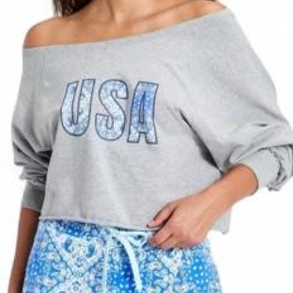 JoyLab Light Grey Off The Shoulder Sweatshirt w Blue Paisley Print USA Graphic